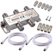 Pack répartiteur Splitter 1 entrée 4 sorties UHF/VHF/FM, 5 - 2500MHz + 2 Câbles 