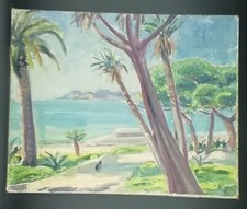 Ancien Tableau Peinture Huile Sur Toile bord de mer Côte d'Azur Non Signé