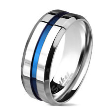 316L Bague en Acier Inox Grooved Centre Brossé Line Argent Bleu IP Hommes Femmes