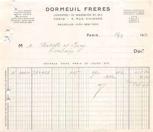 Facture 1931 dormeuil - dormeuil, freres