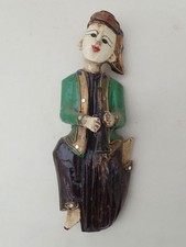 Ancienne statue murale musicien en bois sculpté peint à la main - Asie, Birmanie