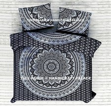King Housse de Couette Hippie Bohème Indien Argent Mandala Imprimé Noir Set