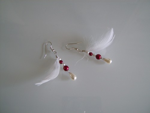 Boucles oreilles plume perle - d'oreilles, plume/perle