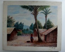Peinture africaine Philippe MADIBA 1948 cameroun pileuse de riz african painting