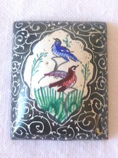 ANCIENNE PLAQUE ÉMAIL MINIATURE DÉCOR ORIENTAL DE DEUX OISEAUX