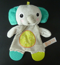 64. DOUDOU PLAT BRIGHT STARTS ELEPHANT gris vert rond ventre plaque dent. TBE