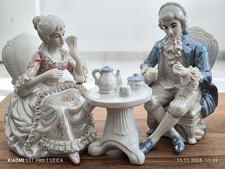Vintage Porcelain Couple Figurines at Tea Table – Rococo Style, Hand Painted, 22