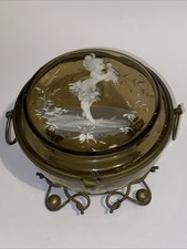 BOITE BONBONNIERE VERRE MARY GREGORY ANCIENNE VERRE PETITE FILLE AVEC SA POUPÉE