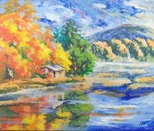 Peinture Bord de lac Labarre Foix Ariège Pyrénées Occitanie montagne Cabane eau