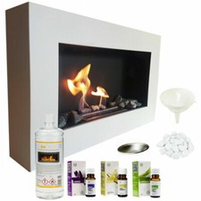 Cheminée Bio Éthanol Blanc Mat 65x40 Brûleur à Feu Eco Design + Accessoires
