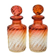 Paire de flacons garniture toilette rose saumon jaune verre torsadé vintage