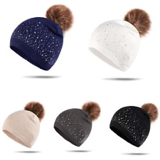 Bonnet pour femme avec pom pom et strass - laine hiver noir rose blanc luxe tric