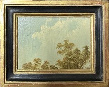 Small Original Antique  View Sky Trees Birds, Oil  Painting, 19th Cent, Framed