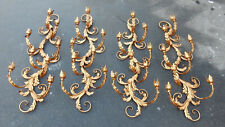 1970′ 2 Paires d’Appliques Fer Doré Fleurs et Feuillage à 8 Ampoules
