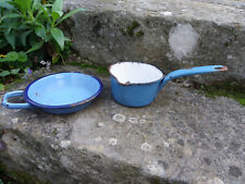 DÎNETTE ANCIENNE - CASSEROLE ET POÊLE ÉMAILLÉES BLEU - GRANDES TAILLES