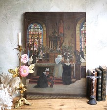 Oil Painting by Pierre VAILLANT French Antique Breton Church Pardon Ceremony
