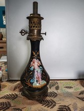 Ancienne Lampe à pétrole  Napoléon III en Céramique Noir Et  laiton A Restauré 