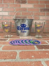 CORONA EXTRA Bundle/Set - Galvanized Metal Beer Bucket 2 Glasses 7 Coasters