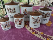 6 Pots à Epices Condiments Céramique Couvercles en Bois Décor Scènes d Enfants