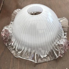 2 French Antique Lamp Shade Glass Clear Frosted Ruffled Hand Blown Tulip Pink