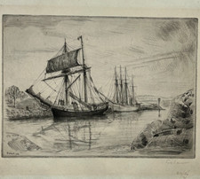 JEAN FRELAUT Navires Dechargement GRAVURE Marine 24/40 1934