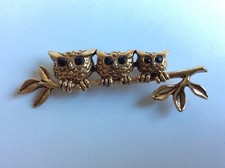 P&M Paris Broche Chouette Hibou branche feuilles métal doré
