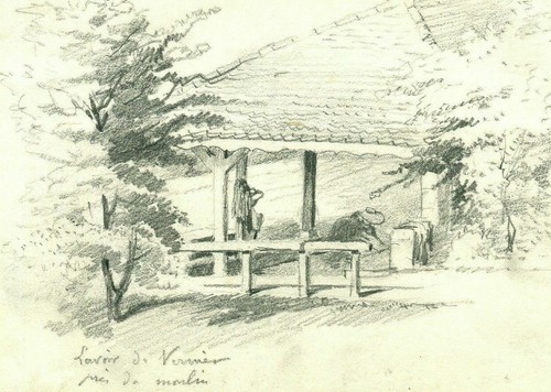 Ancien dessin crayon lavoir - dessin,