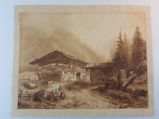 Chalet d'alpage et personnages - Lavis brun, XIXe