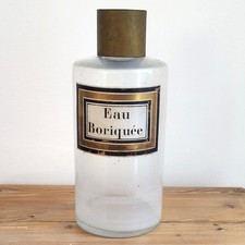 Flacon d'Apothicaire Pot Pharmacie Verre Soufflé Étiquette Eau Boriquée Fin XIXe