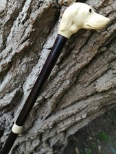 ancienne canne en bois d'acajou pommeau en celluloïd tête de chien (setter )