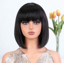 Perruque Naturelle Femme Coupe Carré Noir Avec Frange Wig Lisses 25cm +Cadeau