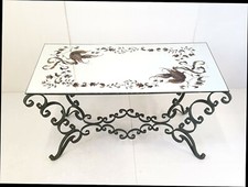 TABLE BASSE VINTAGE 1940 FER FORGE VERT & PLATEAU MIROIR DECOR OISEAUX 40S 40'S