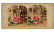 Enfants dans une cuisine, Tirage vintage, ca.1870, Stéréo aquarellé  tirage d&