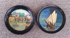 2 Petites assiettes terre cuite peint mains déco paysage french antique pottery