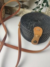 Petit Sac Rond Osier Tressé Noir - Bandoulière Cuir Marron - Style Bohème / Casu