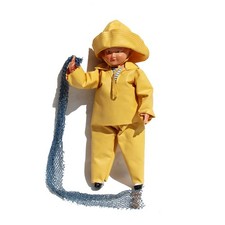 Ancienne poupée PETITCOLLIN en celluloïd / pêcheur Breton ciré jaune 25 cm