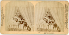 STEREO Trials of the day are over, Little girl in bed with a cat, 1889 Vintage s