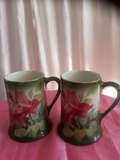 SET OF 2-ANTIQUE K & G LUNEVILLE FRANCE "LES ROSES" 5" TALL MUGS