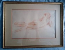 Dessin original à la sanguine - Nu féminin allongé avec chat - signé