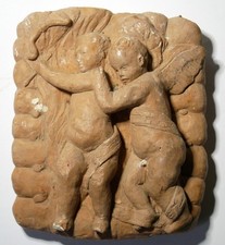 Bas relief en plâtre patine terre cuite - Putti, angelots - baroque, ancien XIX