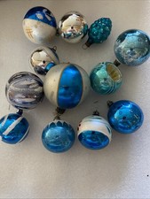 Ensemble De 12 Boules Anciennes VariéesEn Verre Soufflé Tons Bleus .