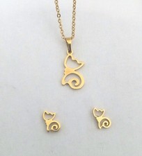 PARURE BOUCLES D'OREILLES et COLLIER DORE CHAT ACIER INOXYDABLE HYPOALLERGENIQUE