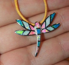 inlaid fire opal necklace pendant earrings gemstone silver jewelry Dragonfly N6