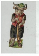 CHROMO DECOUPIS UNE VACHE SUISSE SOUFFLANT DANS UN COR DES ALPES