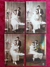 4 Cartes photos: Couple de mariés, amoureux, cartes en couleurs, début XX siècle