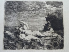 Charles AUBERT (1851-?) SUPERBE EAU FORTE FEMMES NUES MARINE CLAIR OBSCUR 1875