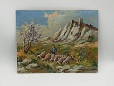 Fortuné Car Tableau Huile Berger Troupeau De Moutons Vue Alpilles Provence 