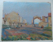 CHARMANT TABLEAU VINTAGE * VILLAGE ANIMÉ * HUILE ou GOUACHE