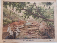 Tableau Ancien Aquarelle Gouache sous verre Rivière dans Oasis ALEP 1923 ORIENT