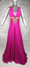 Gown Dress long sleeveless V neck fuchsia pink golden pearls for occasions